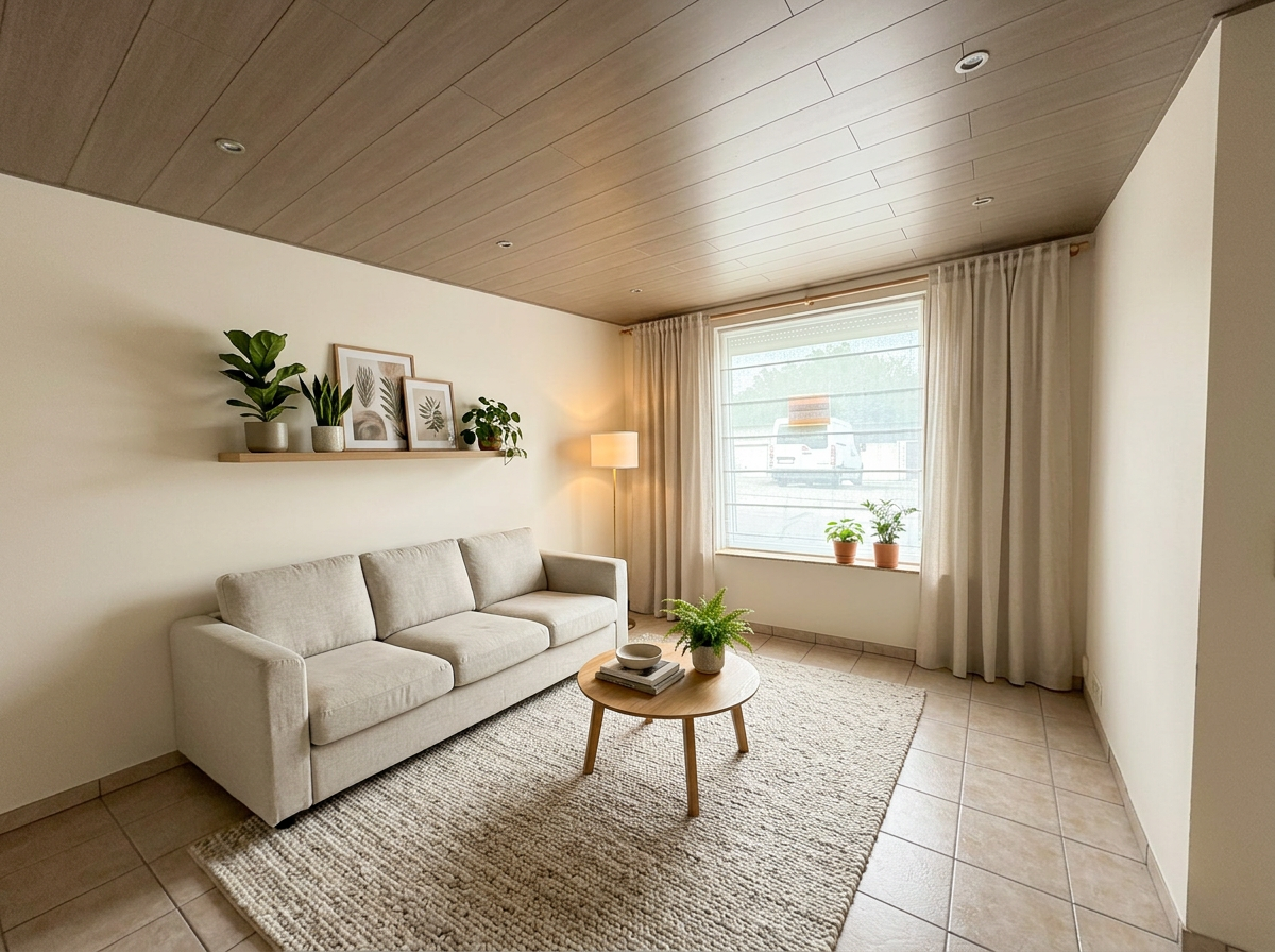 Salon morgen, ingericht met sofa en plantjes